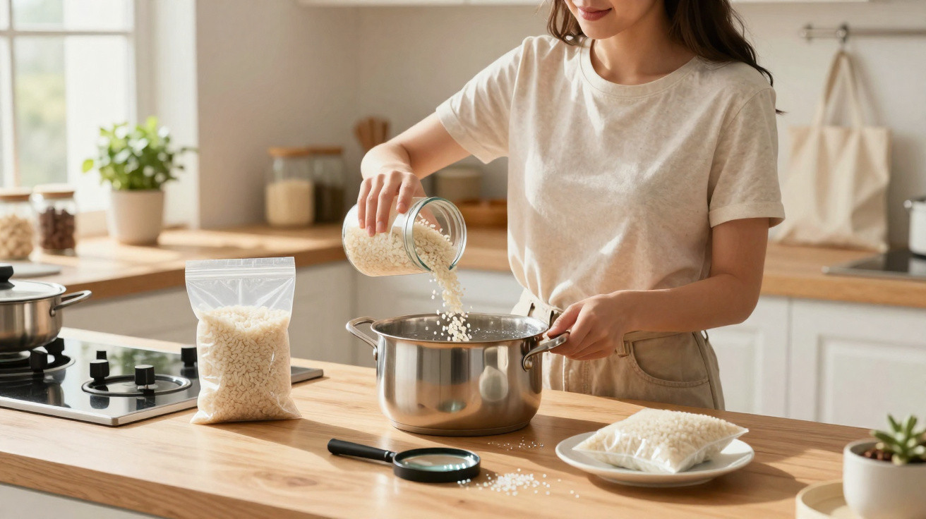 Woman pouring rice from a jar into a saucepan in a bright kitchen with packaged rice on the counter.