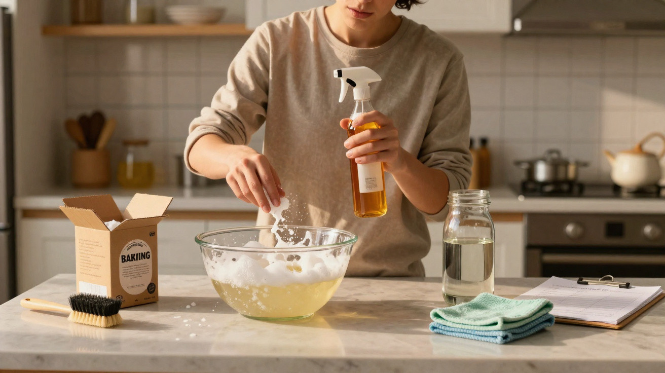 Person mixing ingredients in a glass bowl on a kitchen counter preparing a cleaning solution with baking soda.