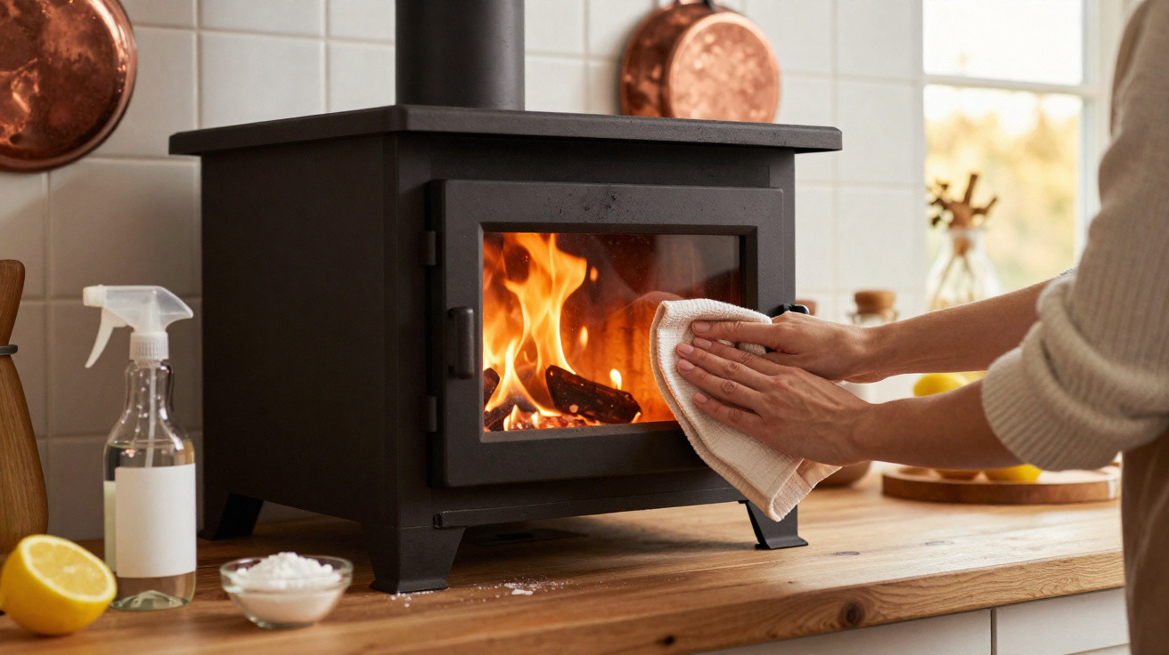 Person cleaning the glass door of a lit black wood-burning stove in a cosy kitchen setting.