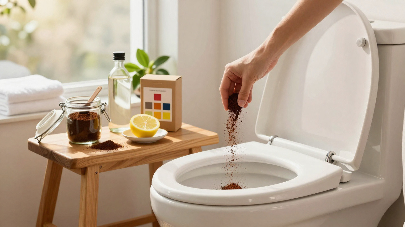 Hand sprinkling coffee grounds into a toilet bowl with cleaning supplies on a nearby wooden stool.