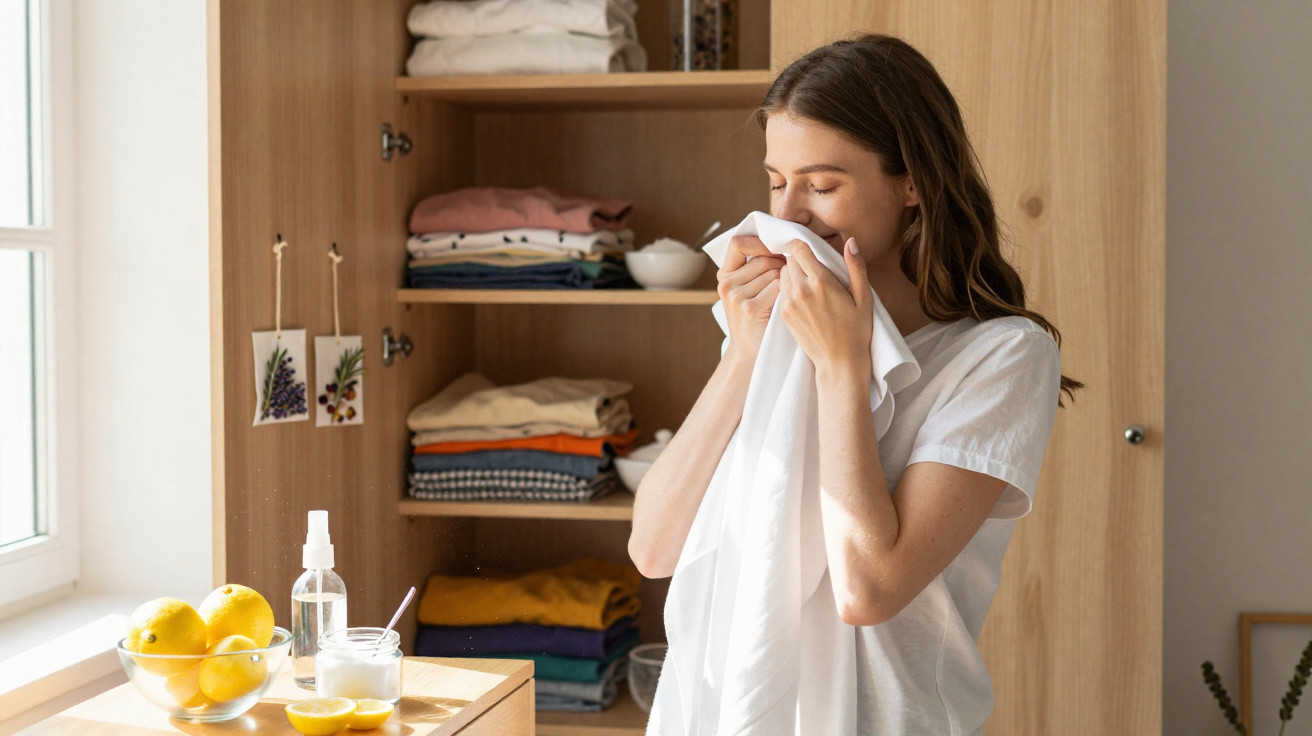 Woman smelling a clean white shirt near a window in a room with folded clothes and lemons on a table.