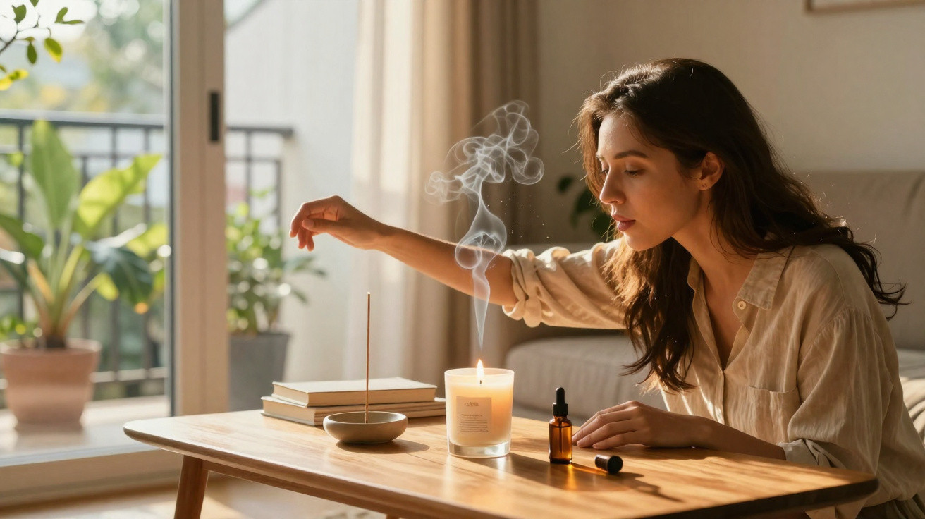 Woman lighting scented candle on wooden table with incense and essential oil in bright living room