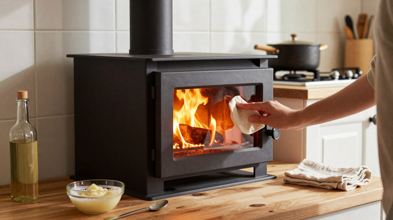 Hand cleaning the glass door of a black wood-burning stove with a burning fire inside on a kitchen countertop.