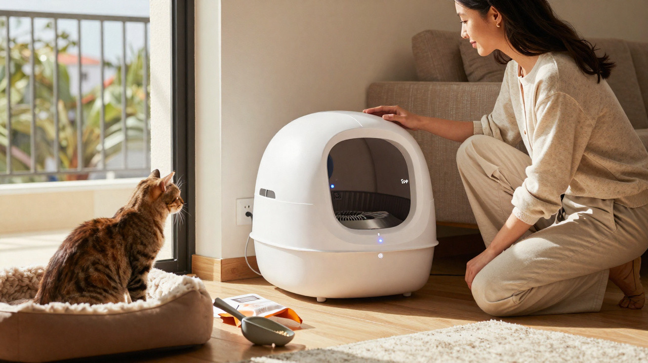 Woman kneeling by a modern automatic cat litter box while a tabby cat sits nearby on a bed.