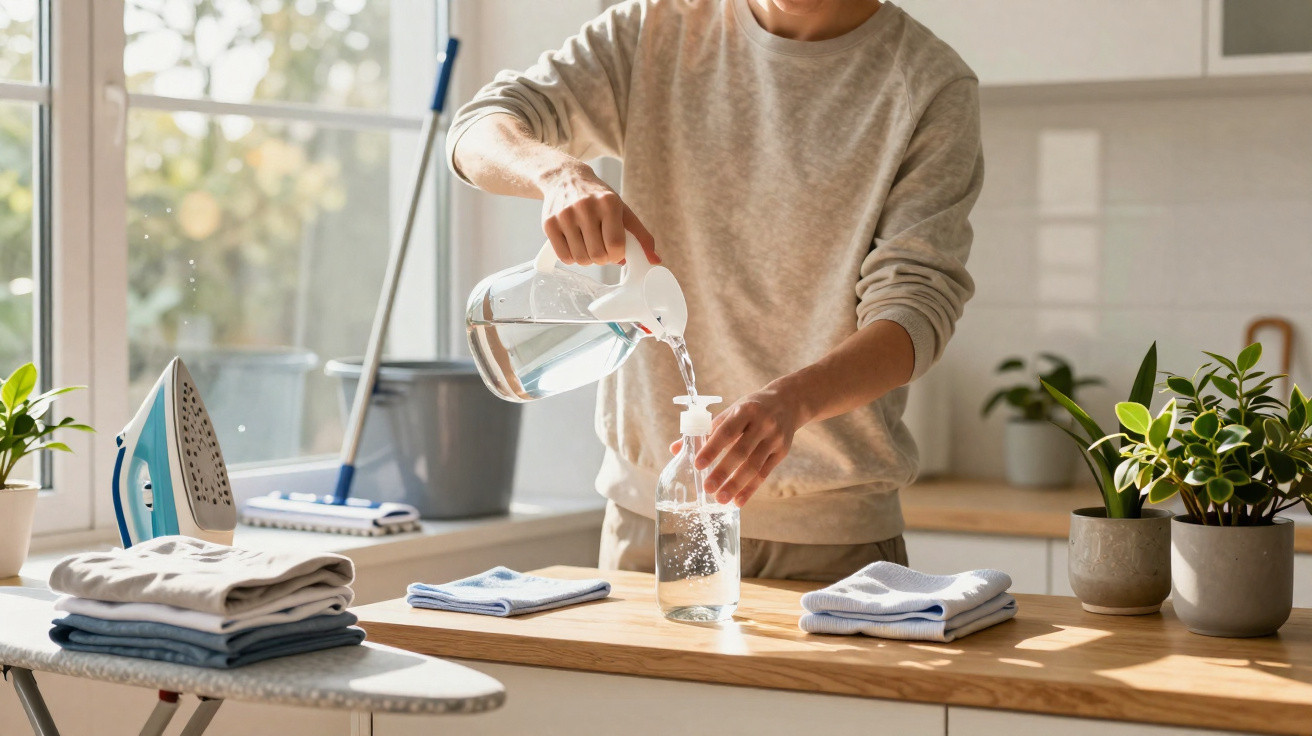 Person pouring water from a jug into a spray bottle on a kitchen countertop with plants and folded laundry nearby.