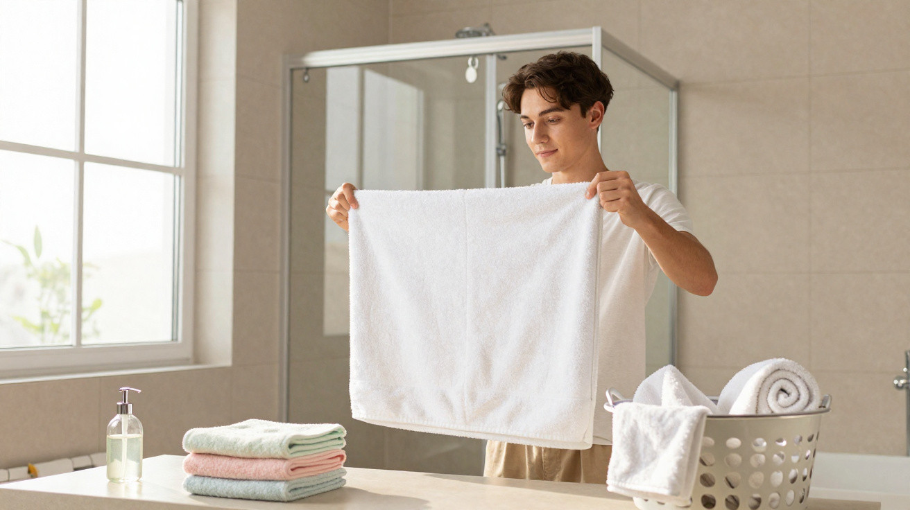Young man folding a white towel in a bright bathroom with a laundry basket and folded towels nearby.