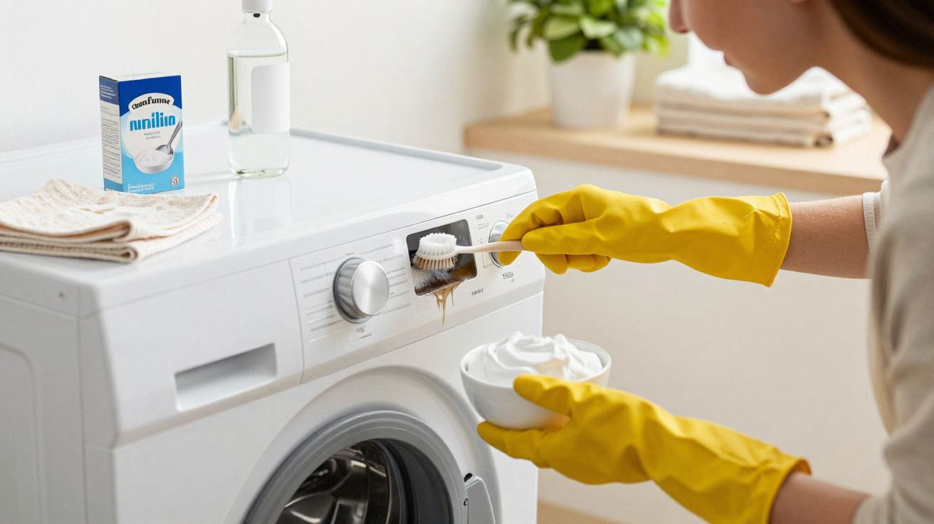 Person wearing yellow gloves cleaning washing machine dial with brush and white cleaning paste in bowl