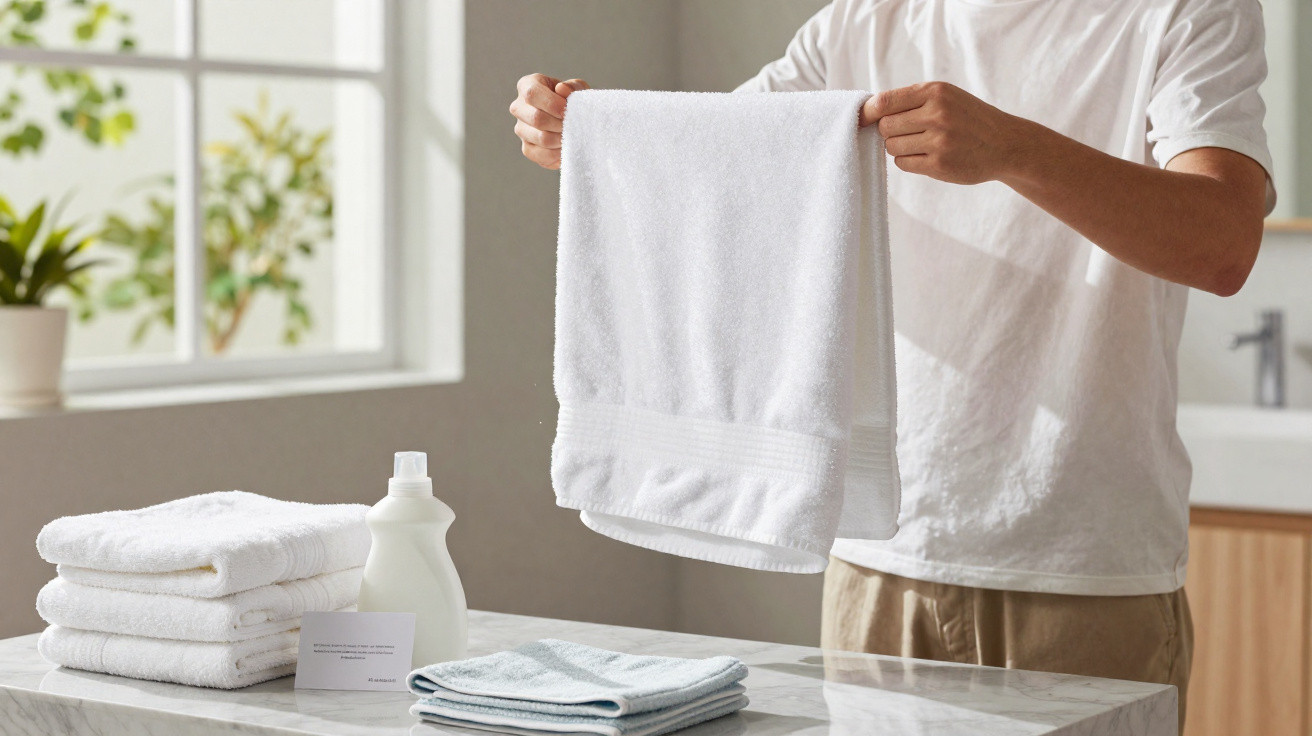 Person folding a clean white towel in a bright bathroom with stacked towels and detergent on a marble counter.