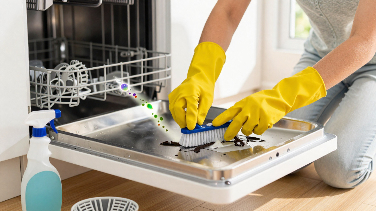 Person wearing yellow gloves scrubbing grime off an open dishwasher door with a brush.