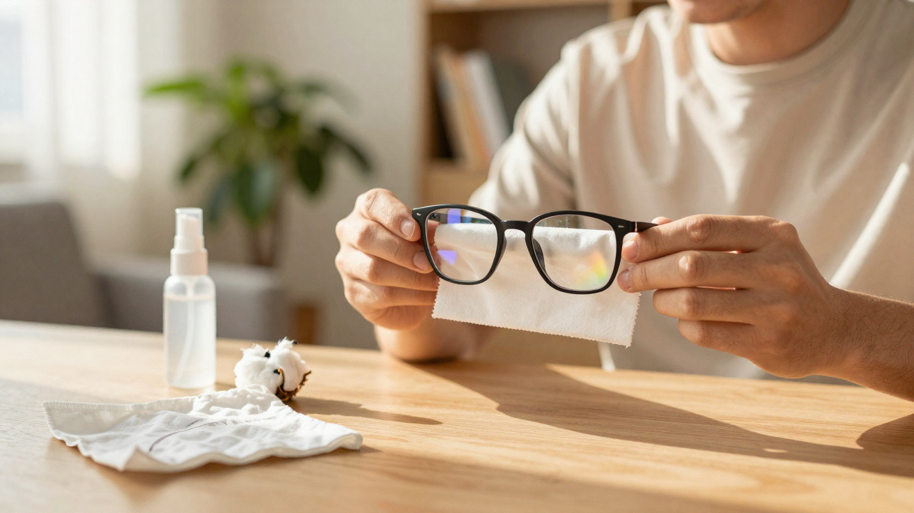 Person cleaning black-framed glasses with a cloth at a wooden table with cleaning spray and fabric nearby.