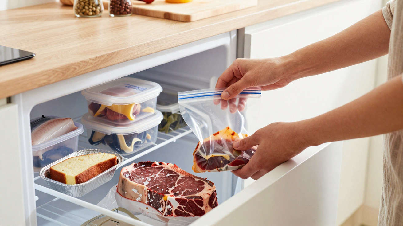 Person placing marinated meat in a resealable plastic bag inside a freezer drawer with various stored foods.