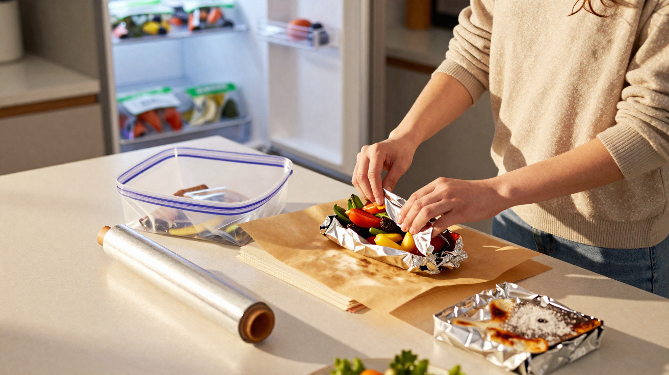 Person wrapping fresh vegetables in foil on a kitchen counter with cooking supplies nearby