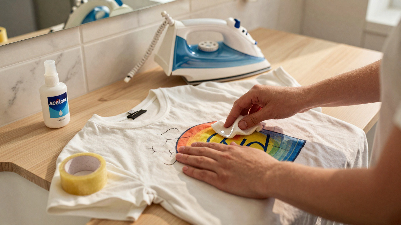 Person using acetone and cotton pad to remove paint from a rainbow design on a white t-shirt with an iron nearby.
