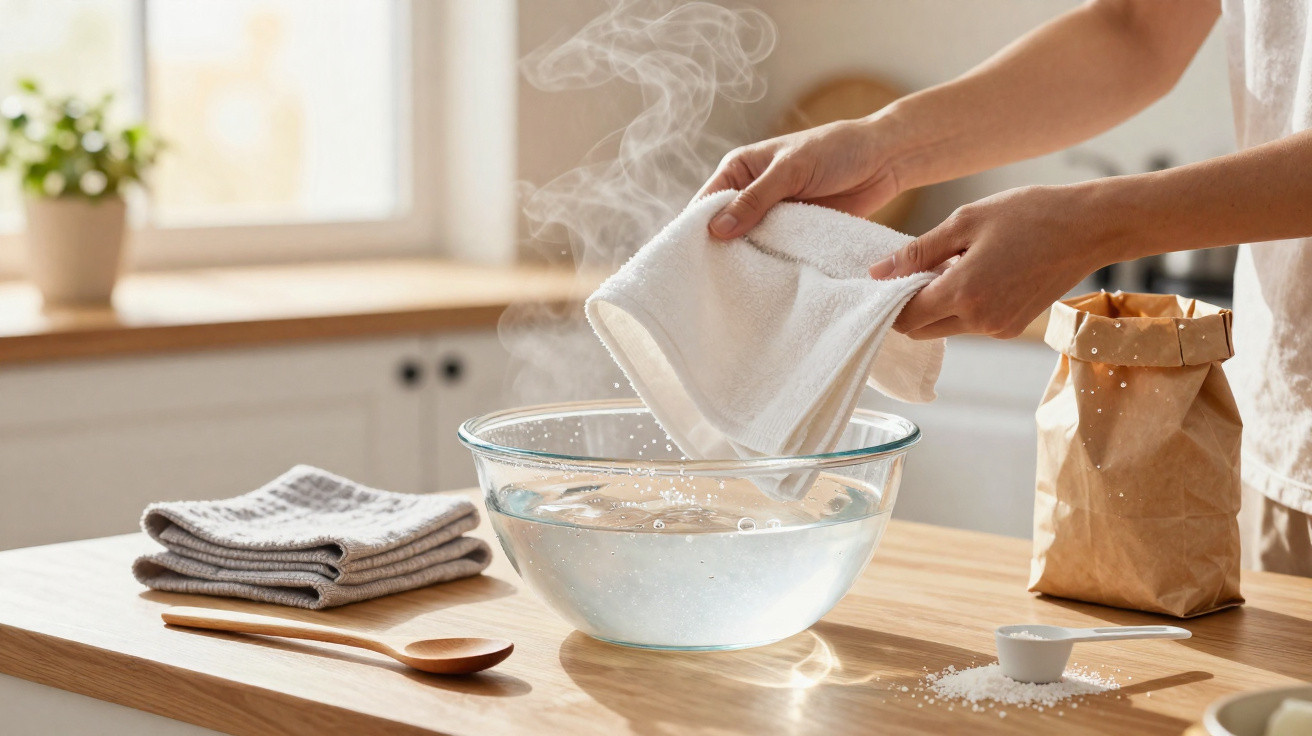 Hands wringing steam from a wet cloth over a glass bowl of hot water on a kitchen counter.
