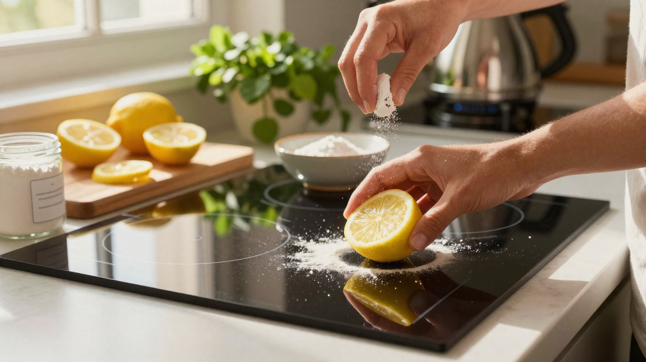 Hands sprinkling baking soda on a stove and rubbing a lemon half for natural cleaning in a sunlit kitchen.