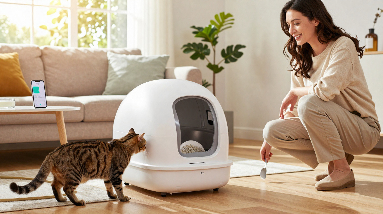 Woman squatting by a modern automatic cat litter box as a tabby cat approaches in a sunlit living room.