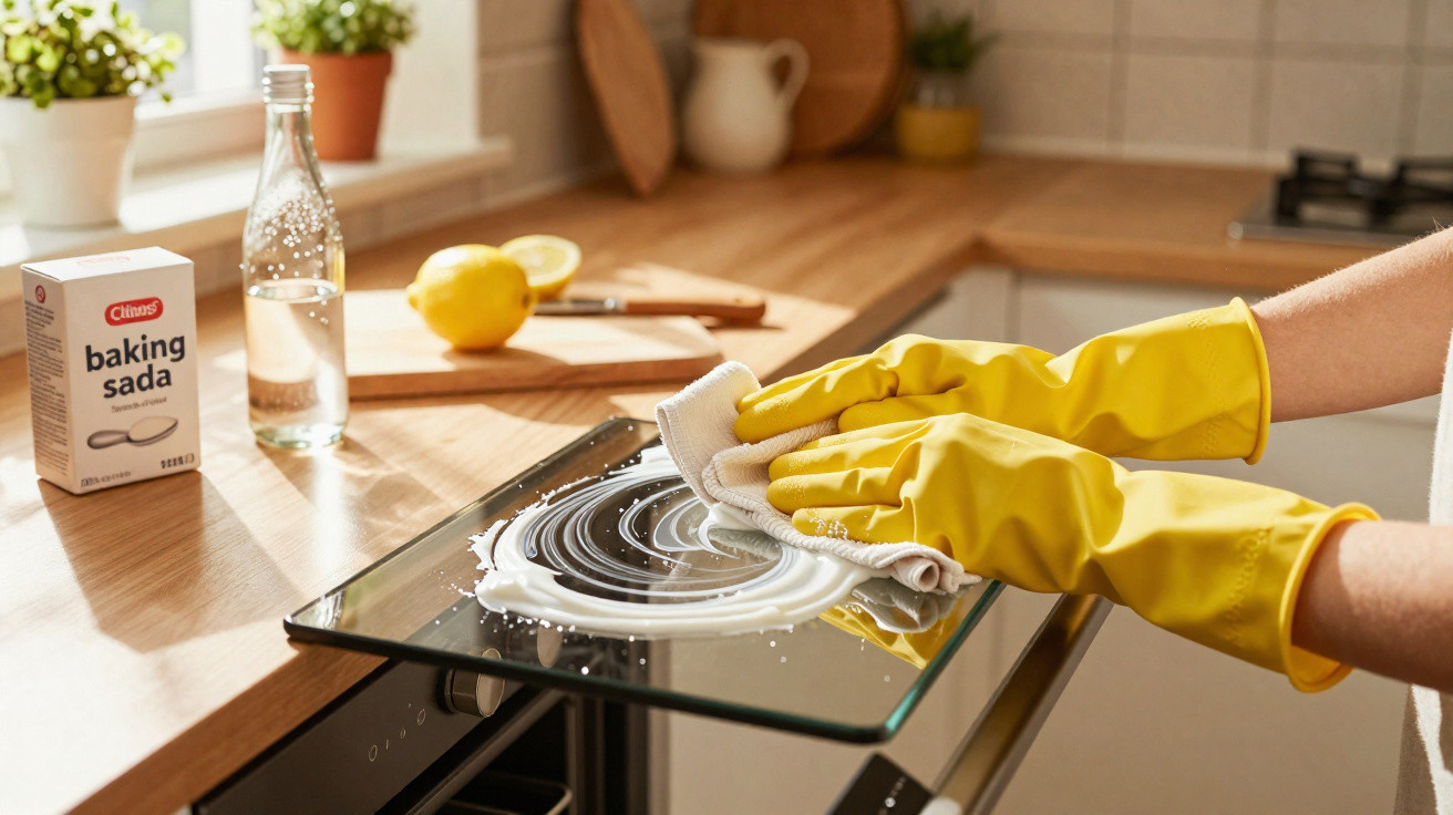 Person wearing yellow gloves cleaning a glass stove top with a cloth using baking soda in a bright kitchen.