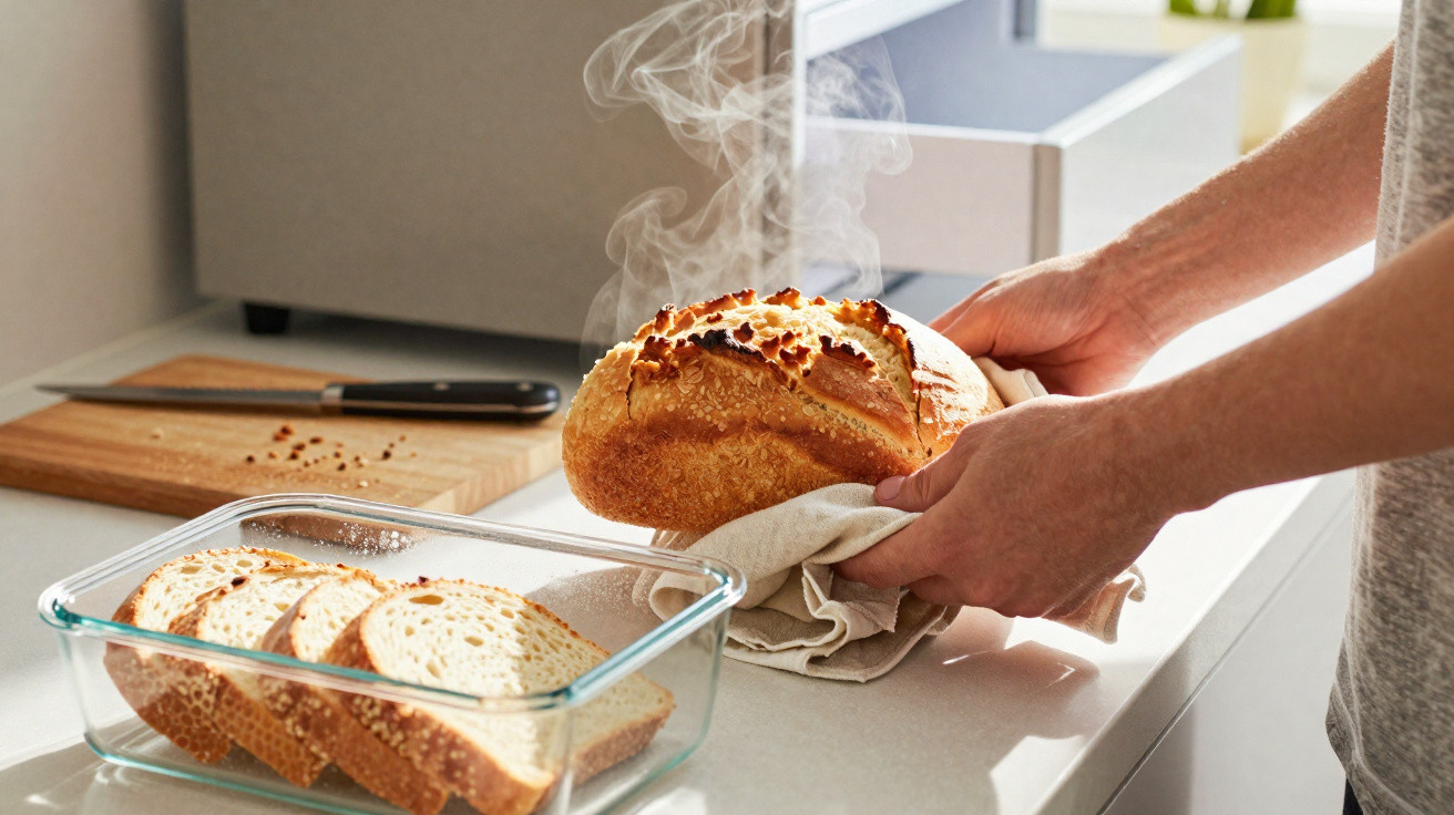 Person holding a steaming freshly baked loaf of bread next to sliced bread in a glass container on a kitchen countertop