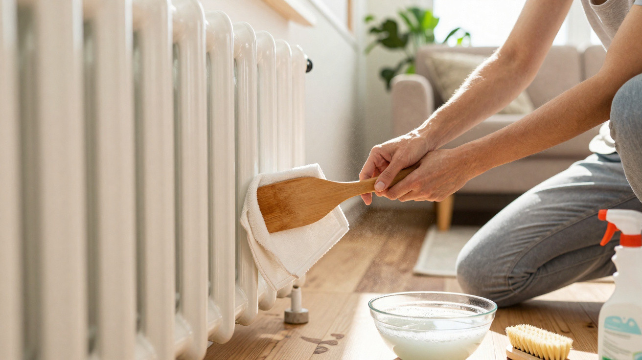 Person cleaning a white radiator with a wooden spatula and cloth in a sunlit living room.