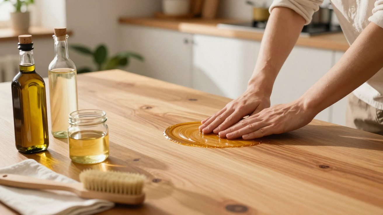 Hands cleaning a wooden table with oil and natural cleaning supplies in a bright kitchen.