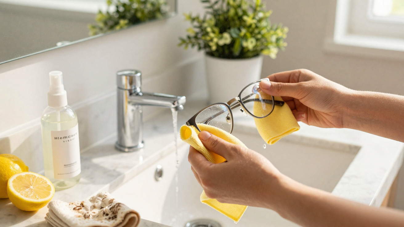 Person cleaning eyeglasses with a yellow cloth over a sink with running water and lemons nearby.