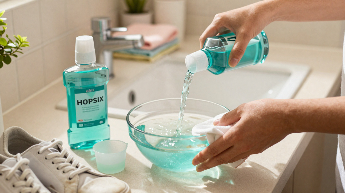Person pouring blue mouthwash into a glass bowl on a bathroom counter next to white sneakers.