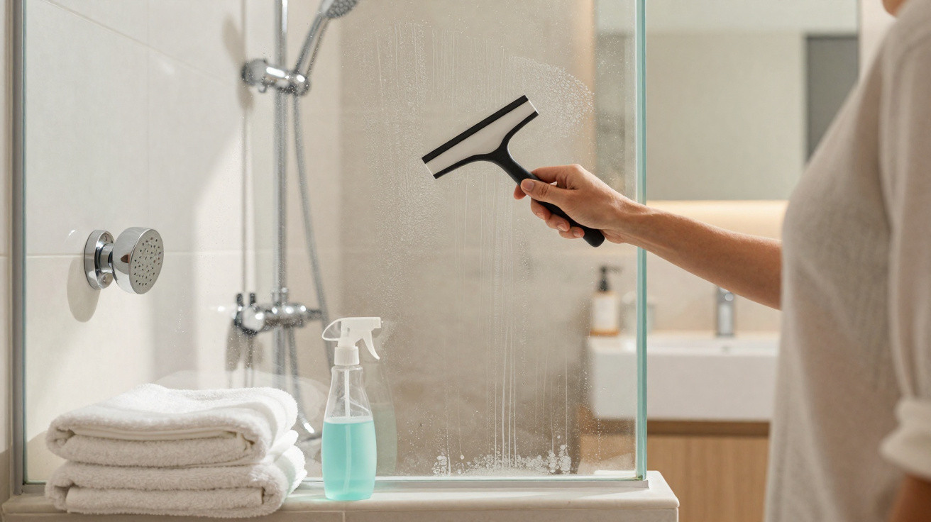 Person cleaning steamed glass shower door with squeegee and spray bottle in modern bathroom.