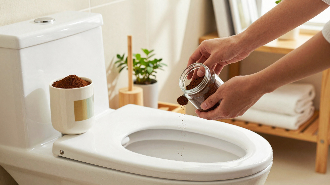 Person pouring coffee grounds into a toilet bowl with a mug of coffee grounds on the cistern in a bathroom.