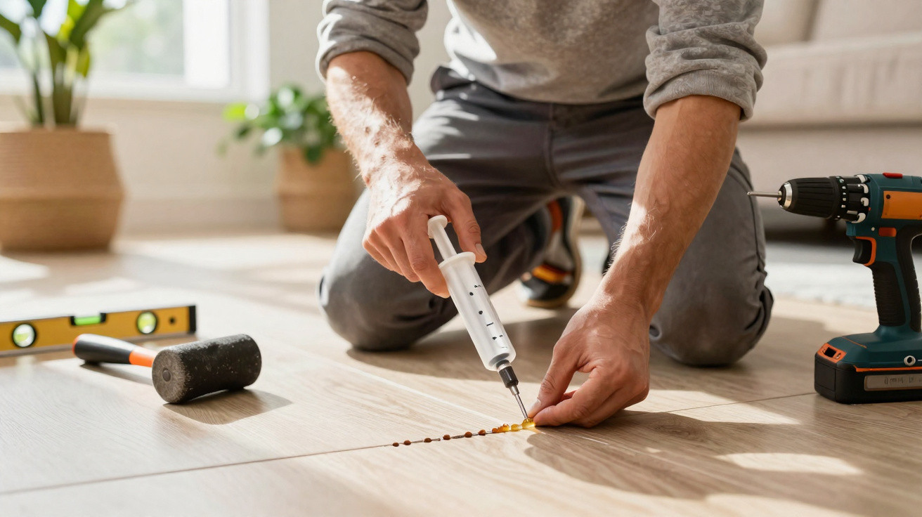 Person injecting glue into a gap between wooden floor panels during home repair work.