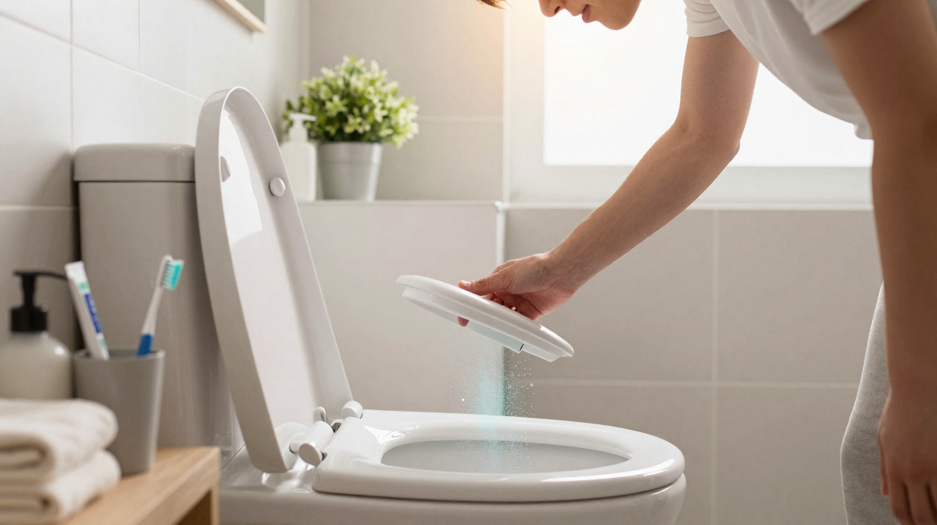 Person sprinkling cleaning powder into a white toilet bowl in a bright, tidy bathroom.