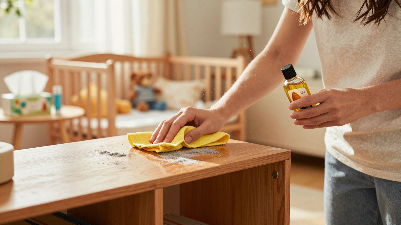 Person cleaning dust from wooden furniture with a yellow cloth and cleaning spray in a bright nursery room.