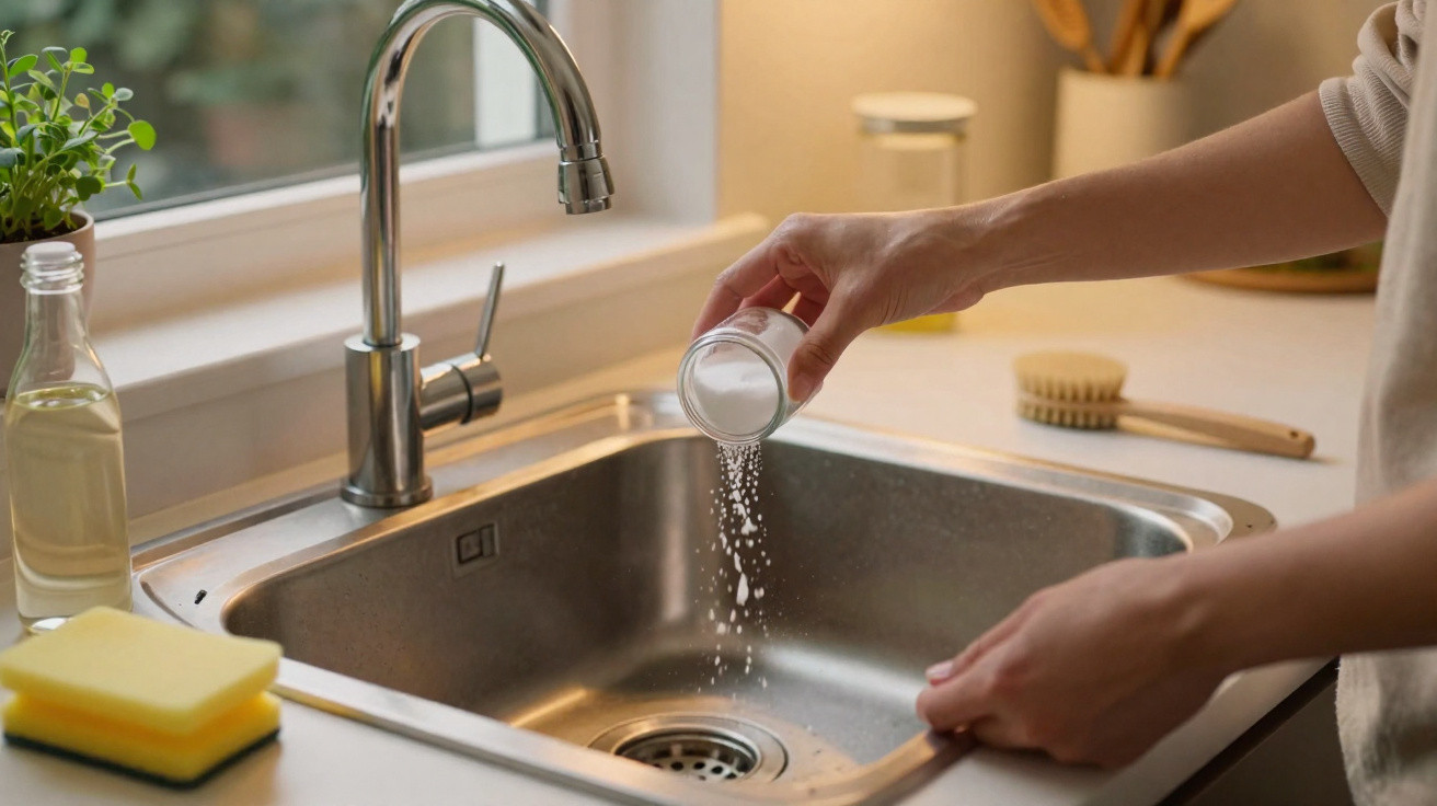 Person sprinkling white powder into a stainless steel kitchen sink under a chrome faucet.