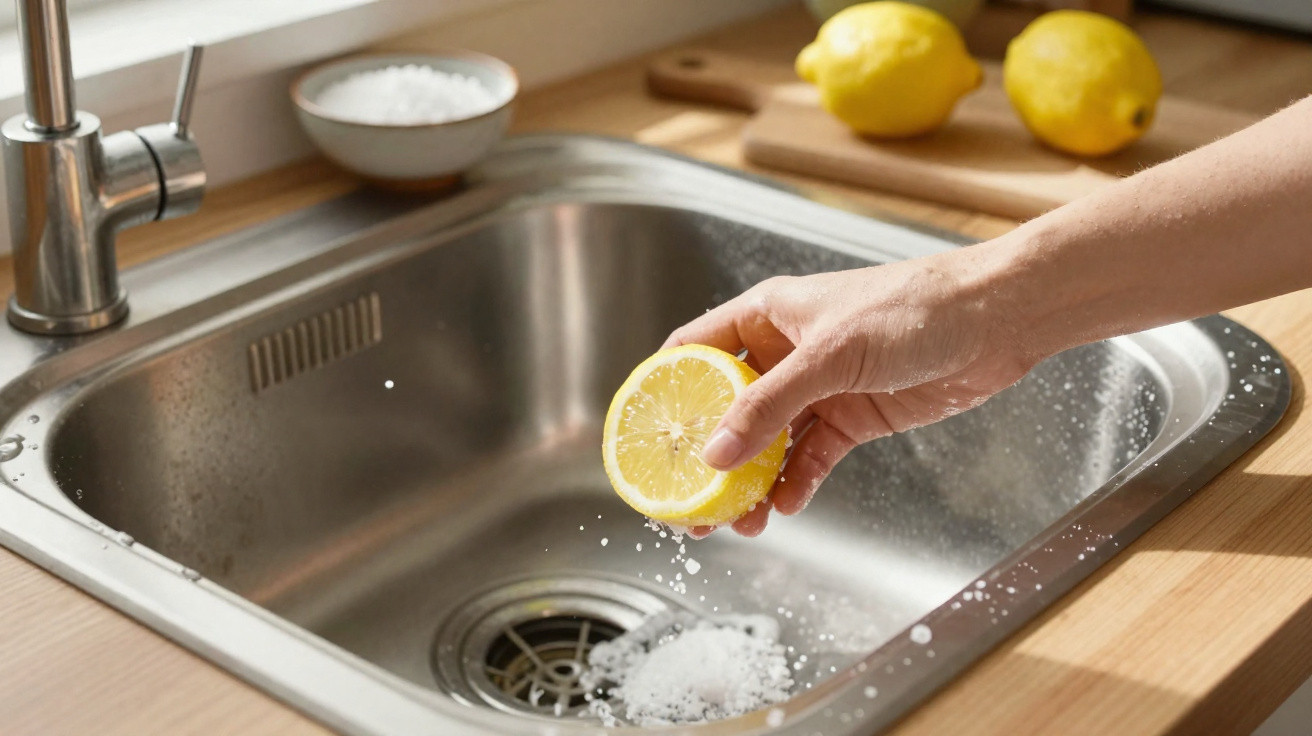 Hand squeezing a lemon over a kitchen sink with salt sprinkled inside the sink basin.