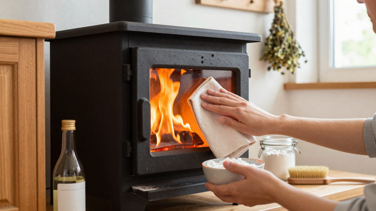 Person cleaning the glass door of a wood-burning stove with a cloth in a cozy room.