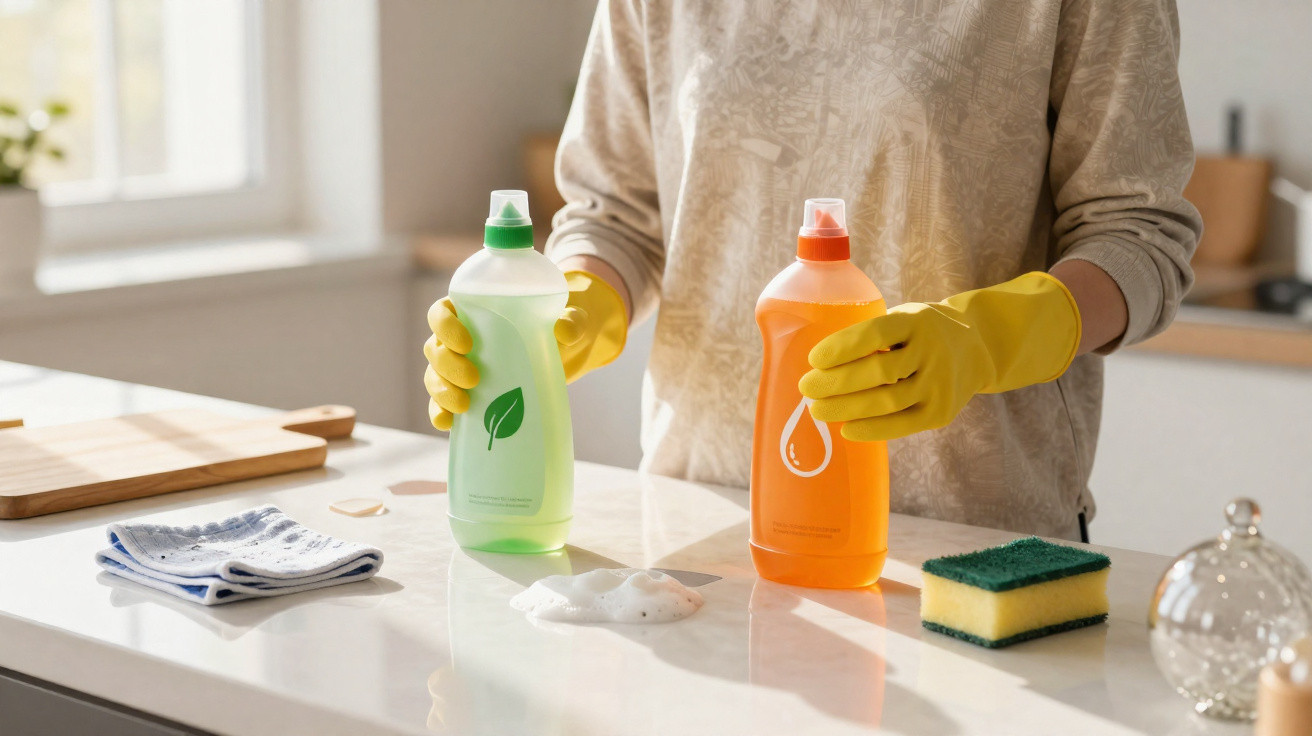 Person wearing yellow gloves holding green and orange dishwashing liquid bottles on a kitchen counter with sponge and cloth.