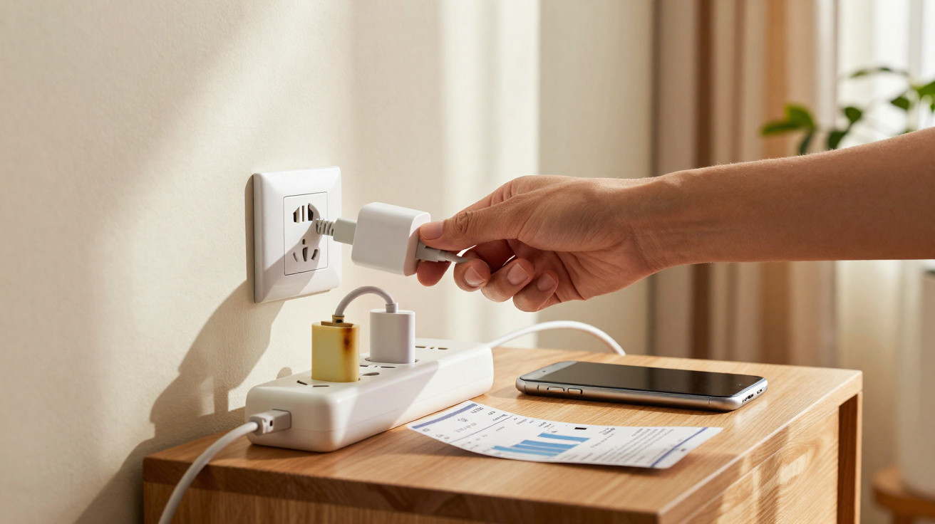 Hand plugging white charger into wall socket beside power strip, smartphone, and energy bill on wooden table.
