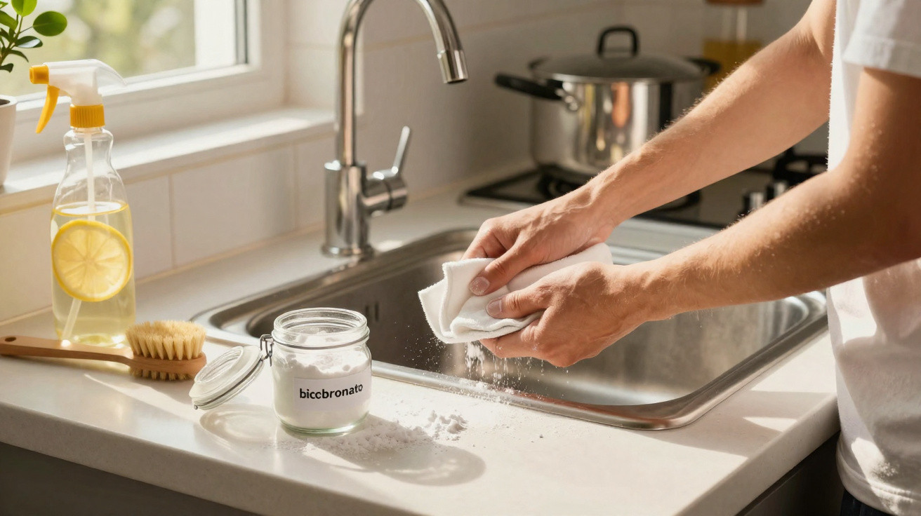 Person cleaning kitchen sink with baking soda and cloth near lemon spray bottle and brush