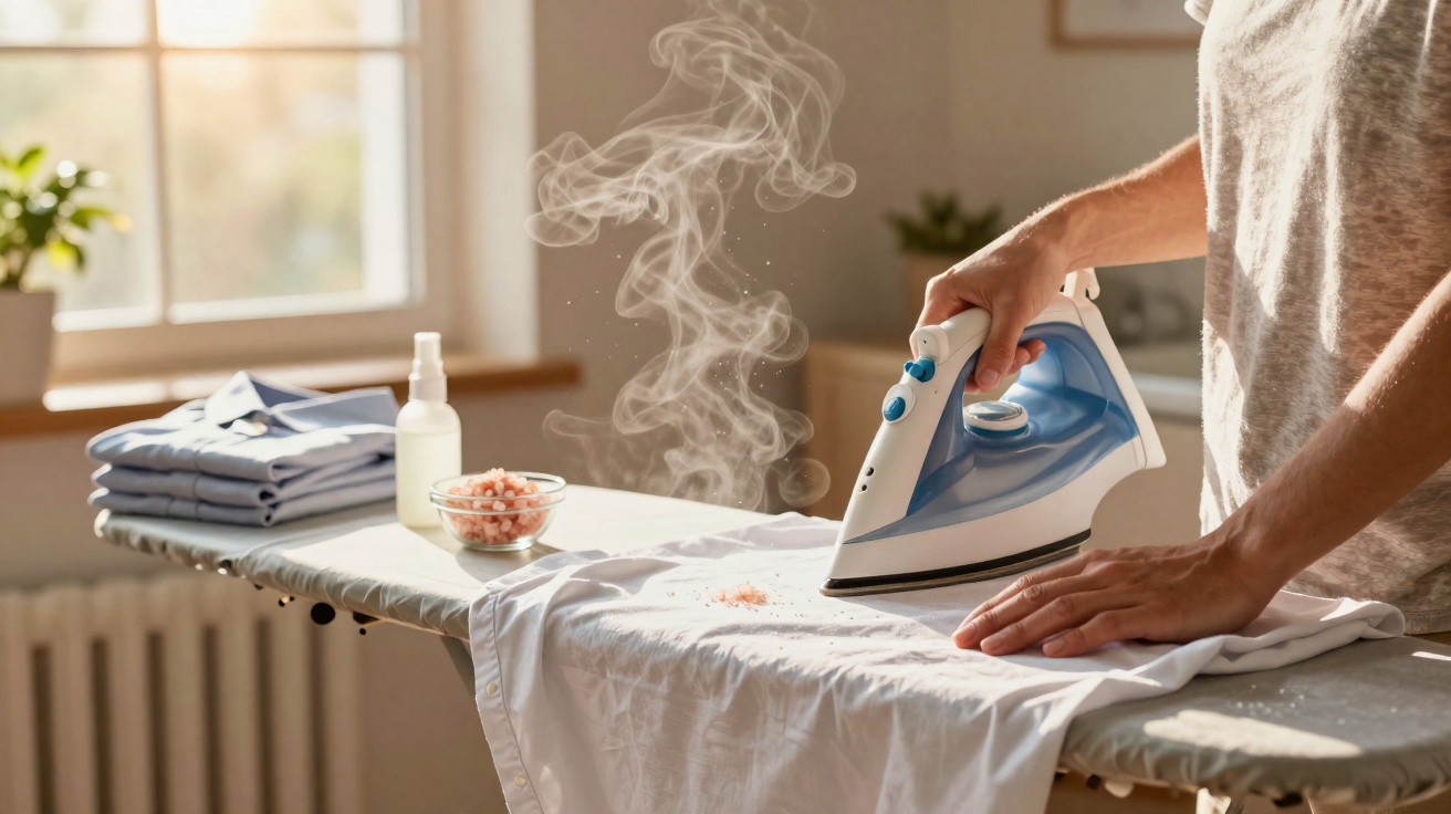 Person using a steam iron on a white shirt on an ironing board near a window in soft daylight.