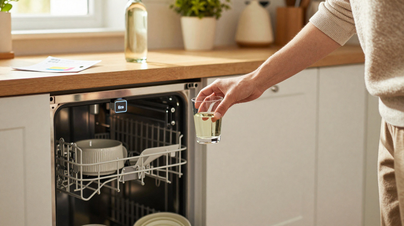 Hand placing a glass into an open dishwasher in a bright kitchen with wooden countertop.