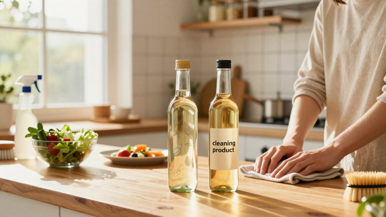 Two clear bottles with cleaning product on a wooden kitchen countertop with a person wiping it down.