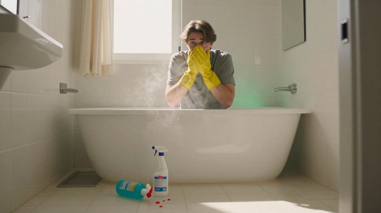 Man in yellow gloves covering his mouth near steaming bathtub with cleaning products spilled on floor