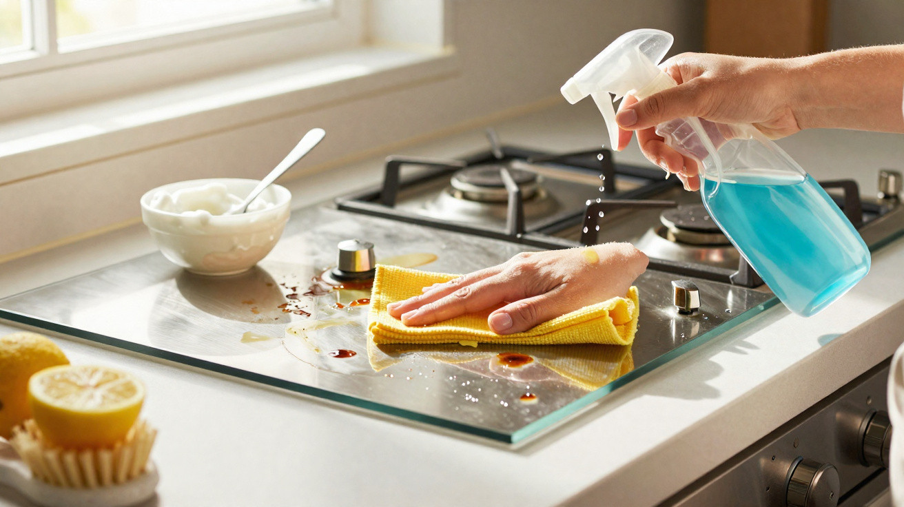 Person cleaning a glass stovetop with blue spray cleaner and yellow cloth in a kitchen.