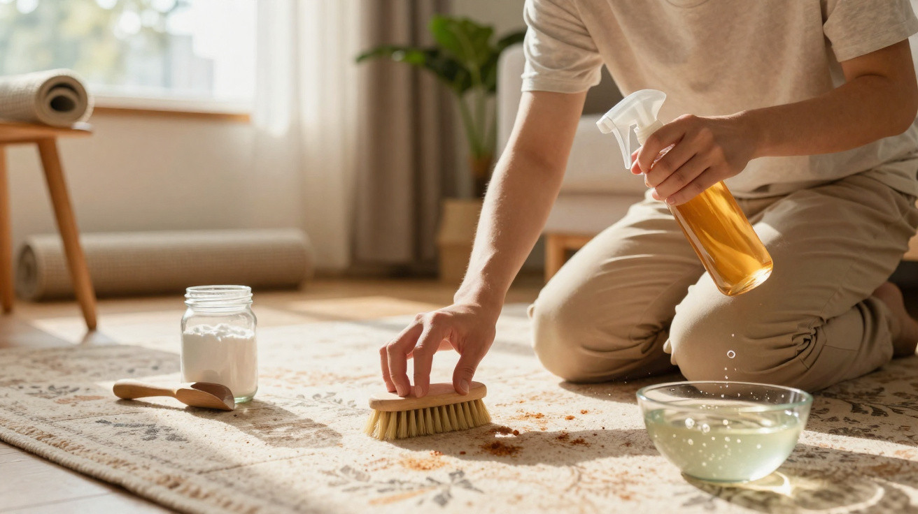 Person cleaning a patterned rug with a brush and spray bottle in a sunlit room.
