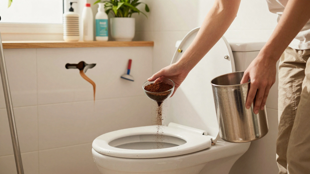 Person pouring coffee grounds into a white toilet bowl in a bright bathroom.