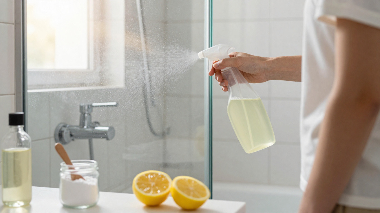 Person spraying natural cleaning solution on glass shower door with lemon and baking soda nearby.
