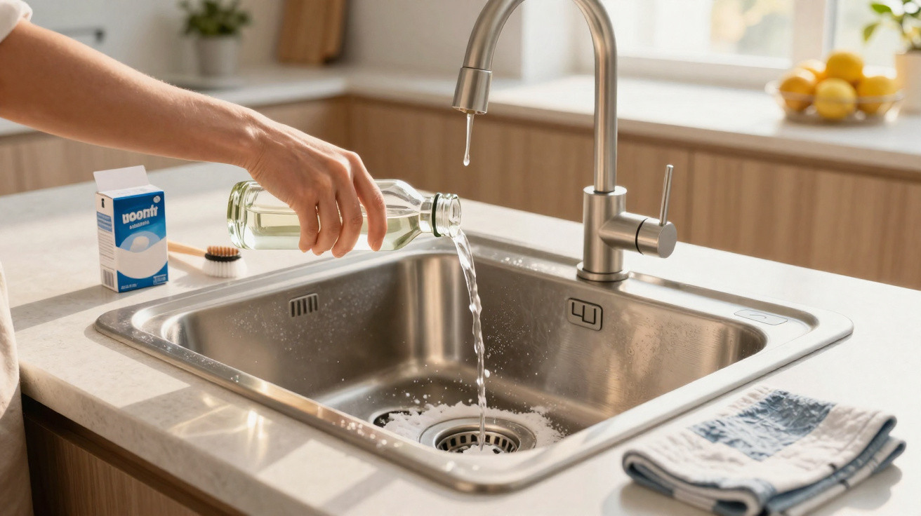 Hand pouring clear liquid from a bottle into a stainless steel kitchen sink under a modern tap.