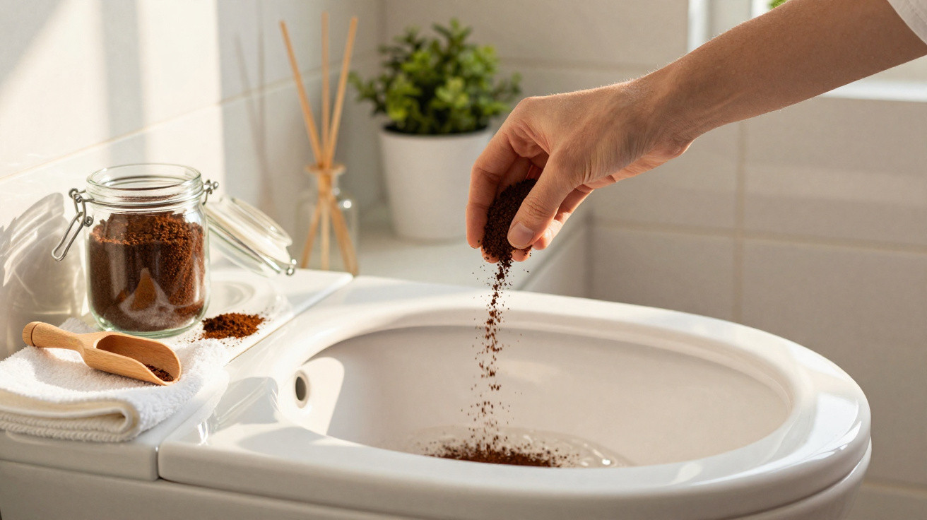 Hand sprinkling brown coffee grounds into a white toilet bowl with a jar and towel nearby.