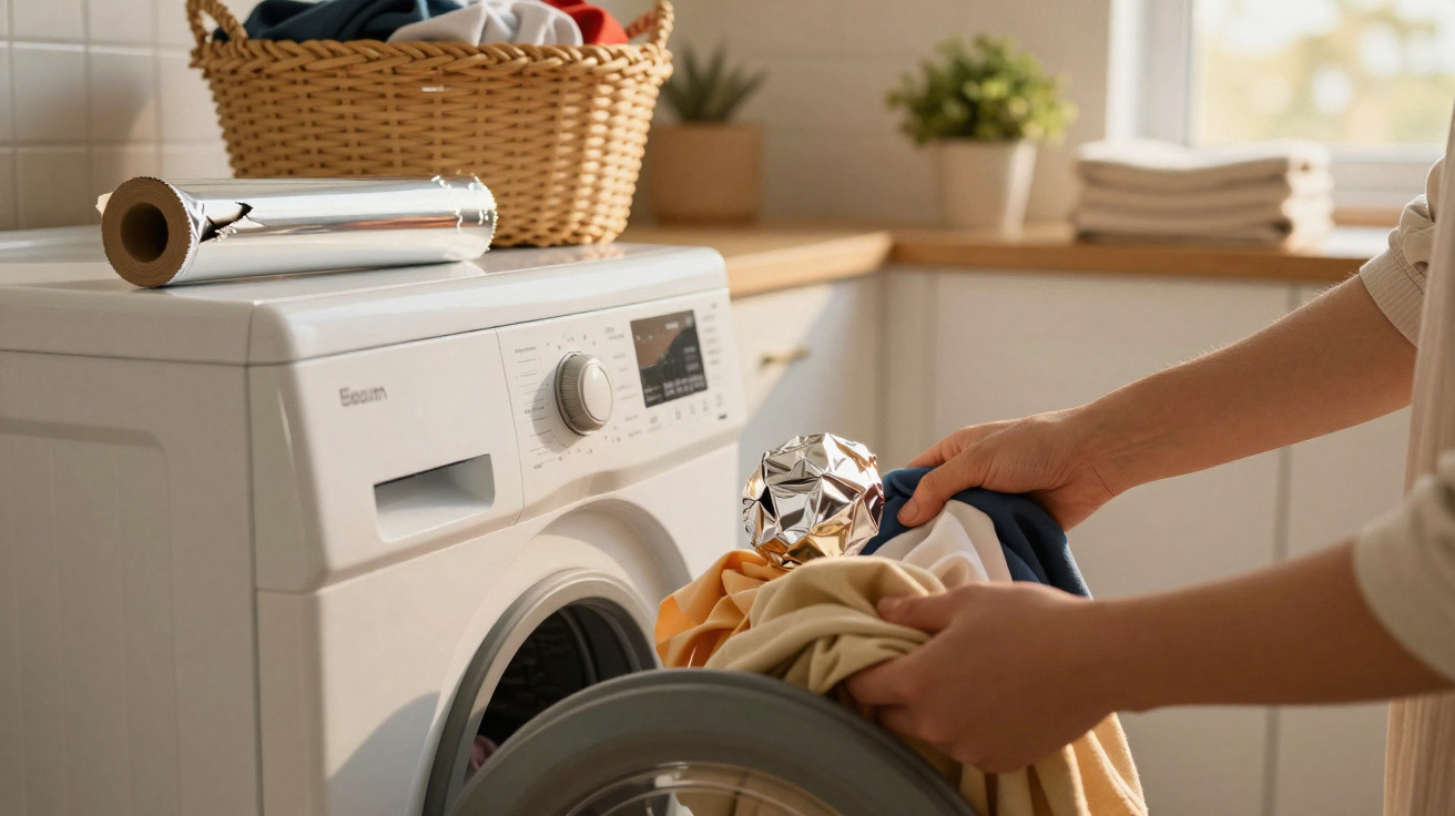 Person placing a crumpled piece of aluminium foil into a front-loading washing machine with laundry basket nearby.