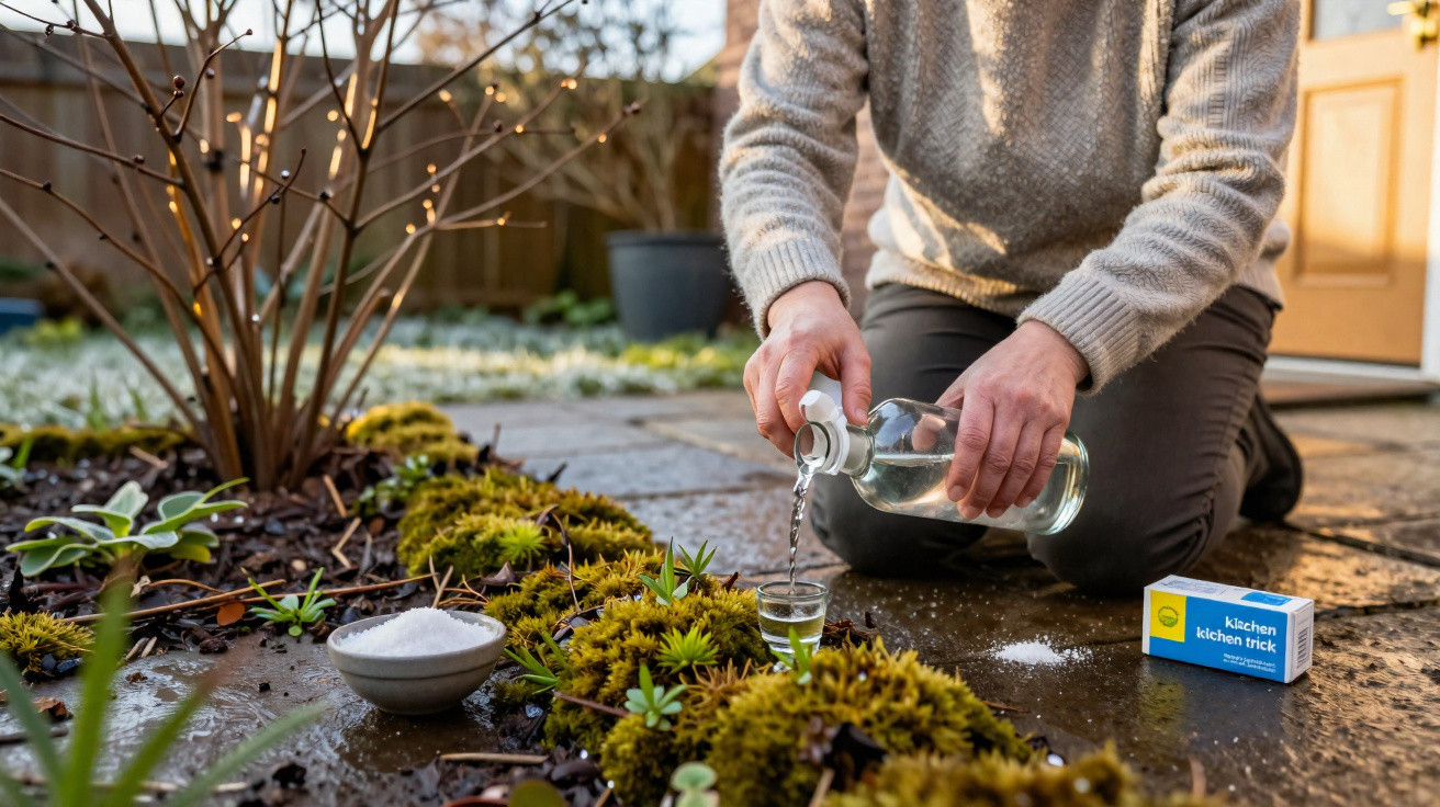 Person kneeling outside pouring liquid from a glass bottle into a small glass near moss and gardening supplies.