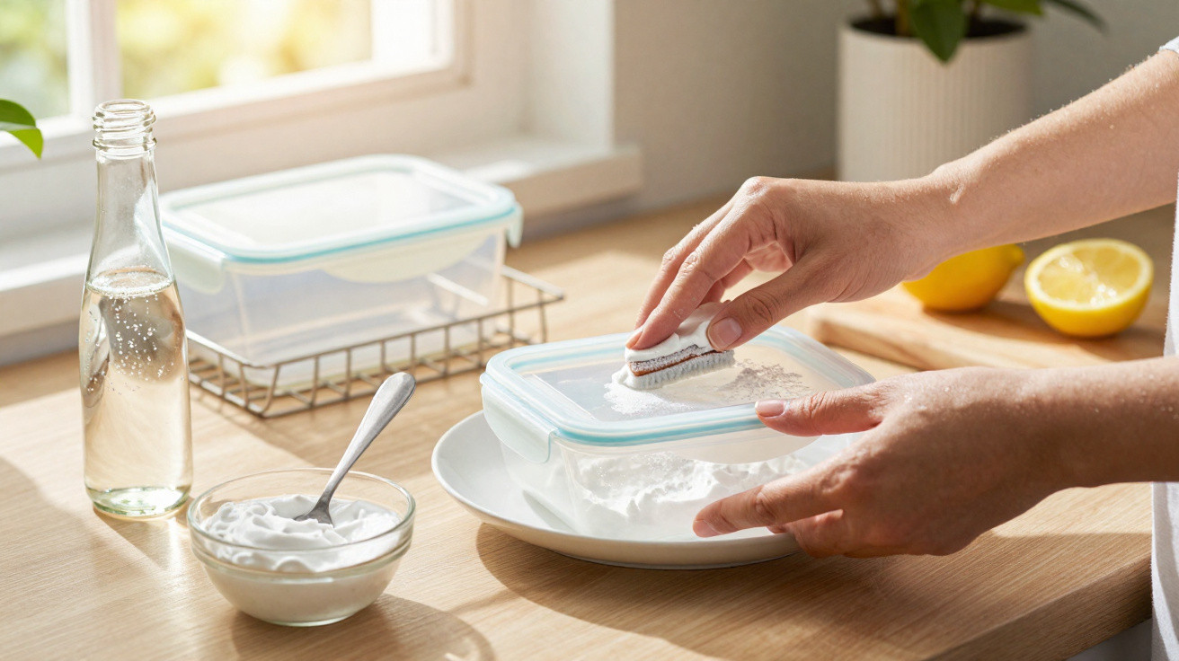 Hands scrubbing a plastic container lid with baking soda, lemon halves, and vinegar bottle on a kitchen counter.